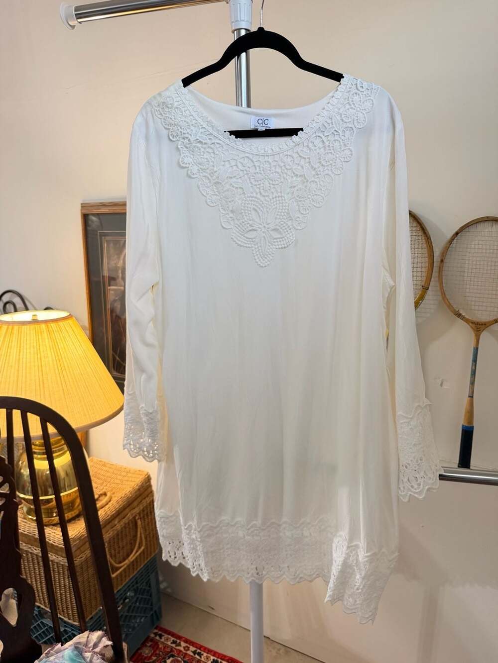 Farm Girl Coastal Cottage Boho White Lace Trim Tunic Shirt Dress Size XL